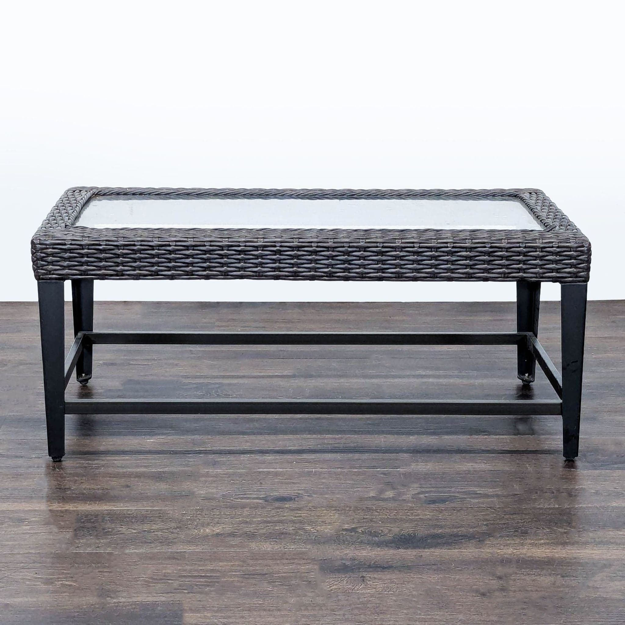 Rectangular Wicker and Glass Coffee Table with Metal Frame - Image 1