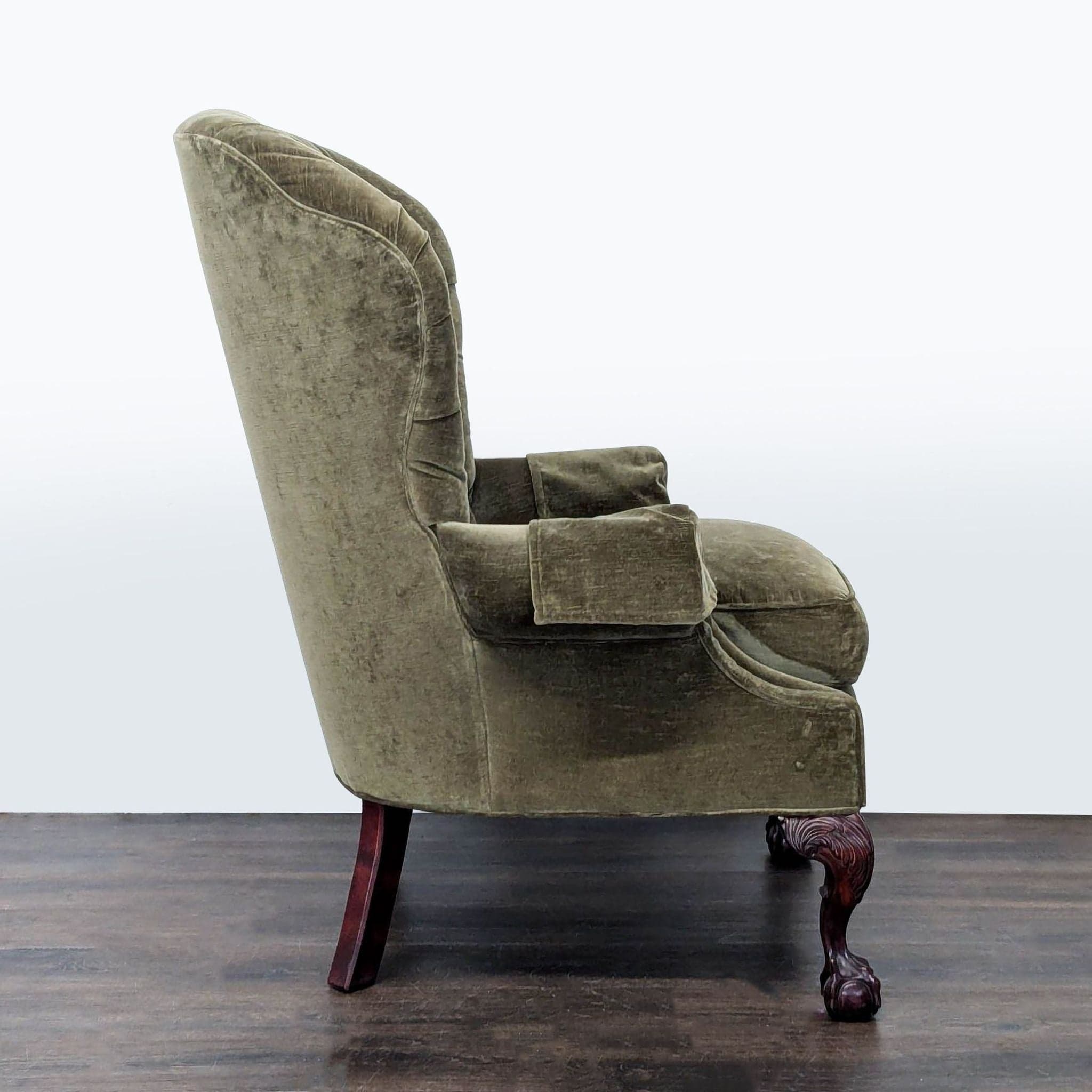 Thomasville Olive Green Tufted Lounge Chair with Carved Wooden Legs - Thumbnail 3