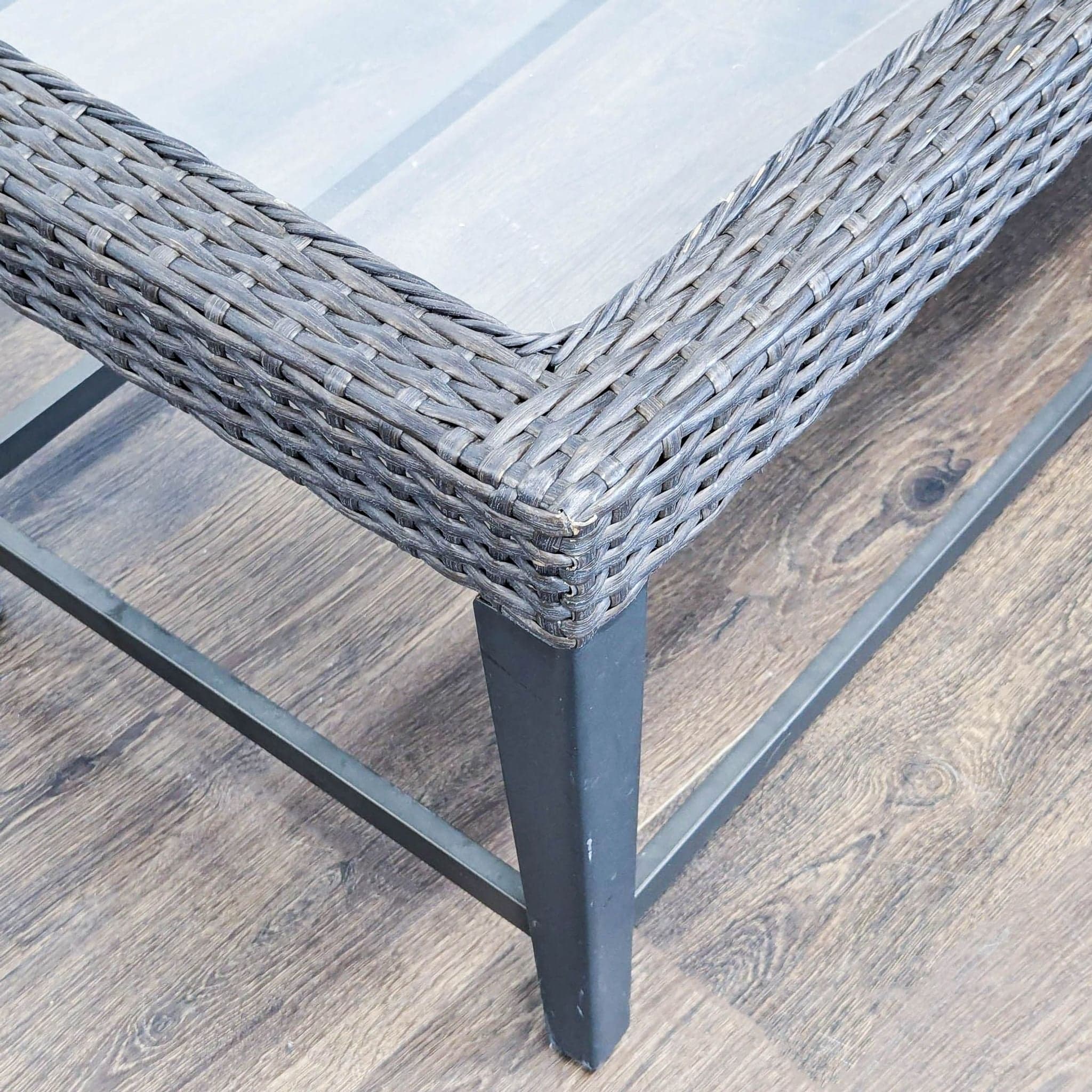 Rectangular Wicker and Glass Coffee Table with Metal Frame - Thumbnail 5