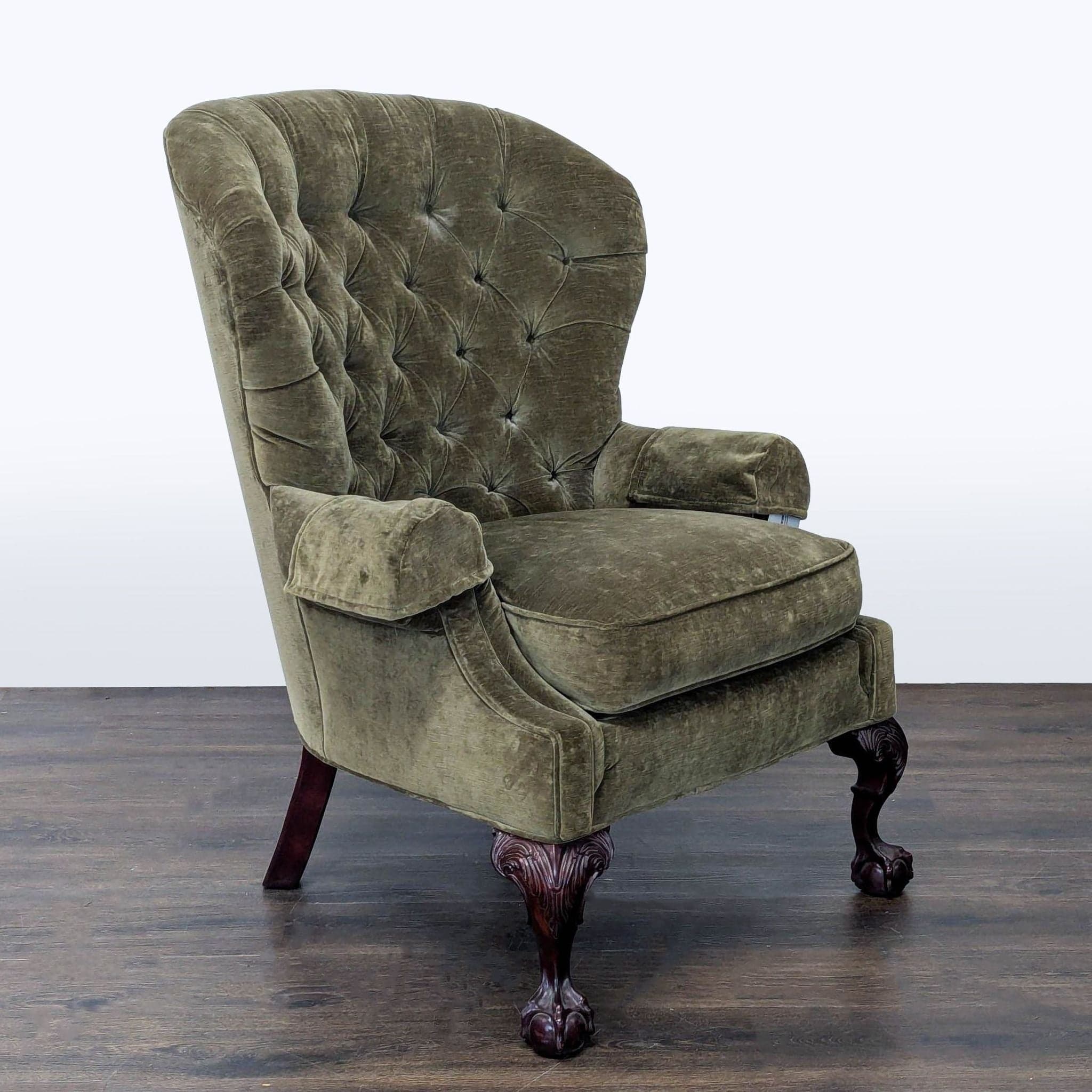 Thomasville Olive Green Tufted Lounge Chair with Carved Wooden Legs - Thumbnail 2