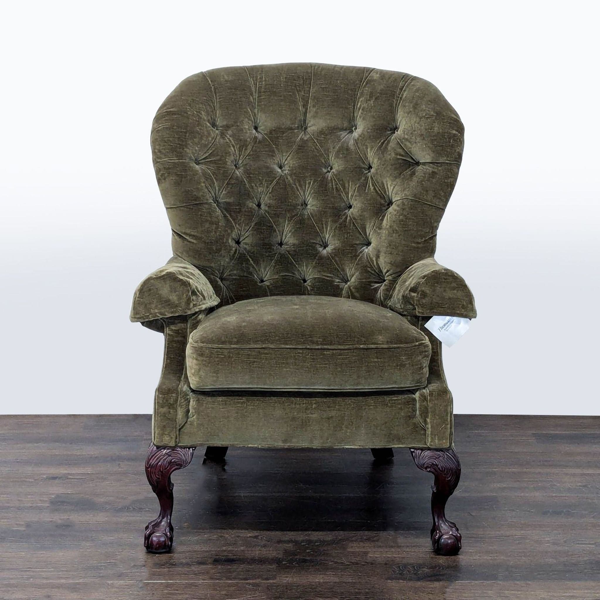 Thomasville Olive Green Tufted Lounge Chair with Carved Wooden Legs - Image 1