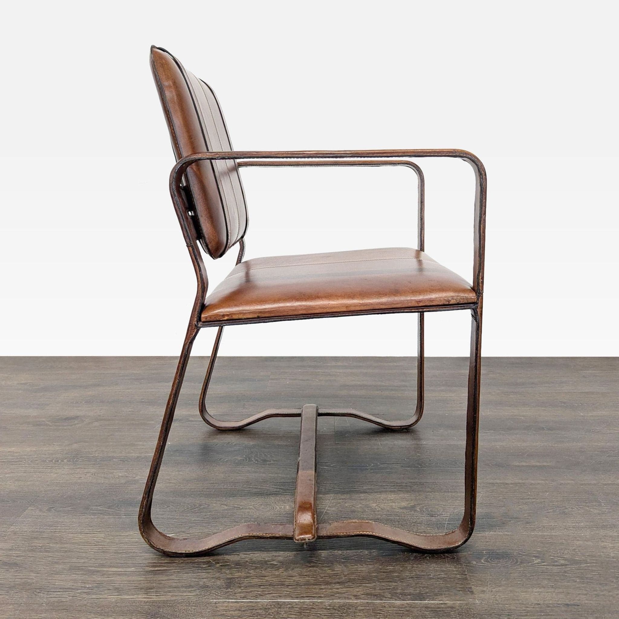 Brown Leather Buckle Lounge Chair with Curved Wooden Frame - Thumbnail 4