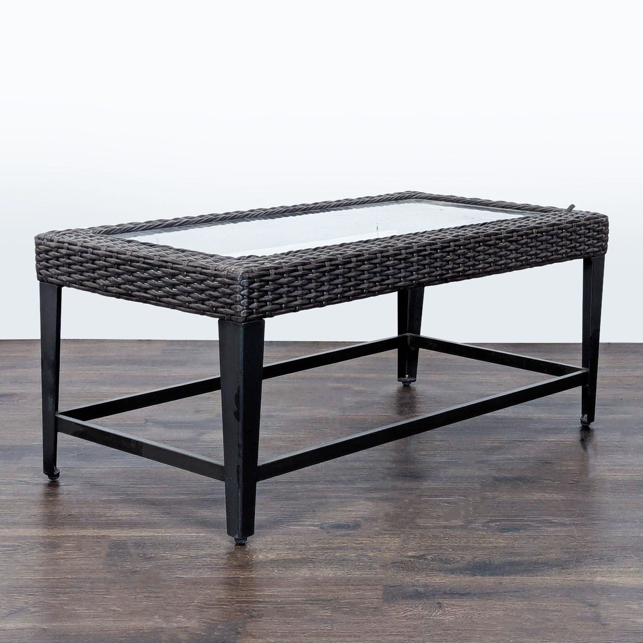 Rectangular Wicker and Glass Coffee Table with Metal Frame - Thumbnail 2