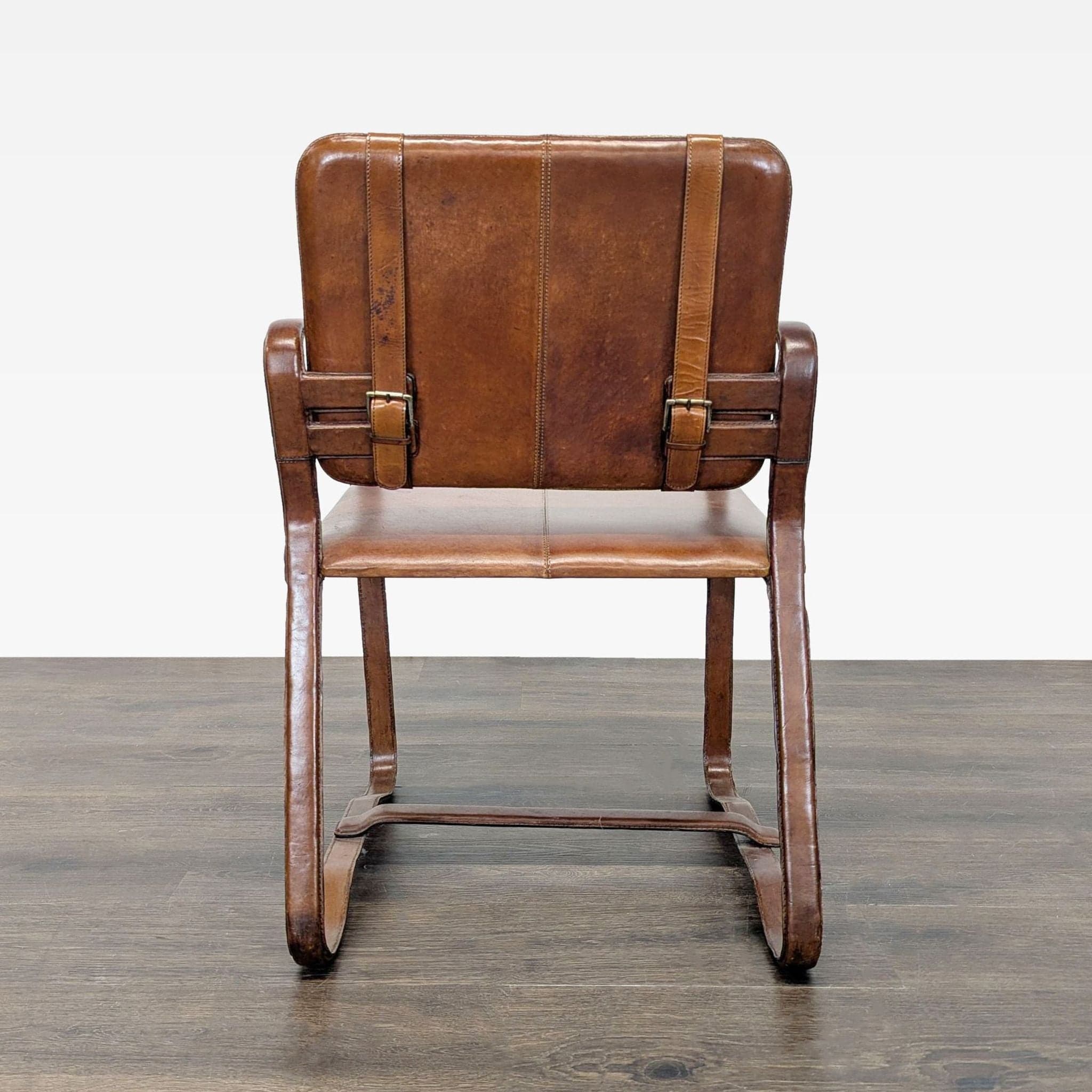 Brown Leather Buckle Lounge Chair with Curved Wooden Frame - Thumbnail 11