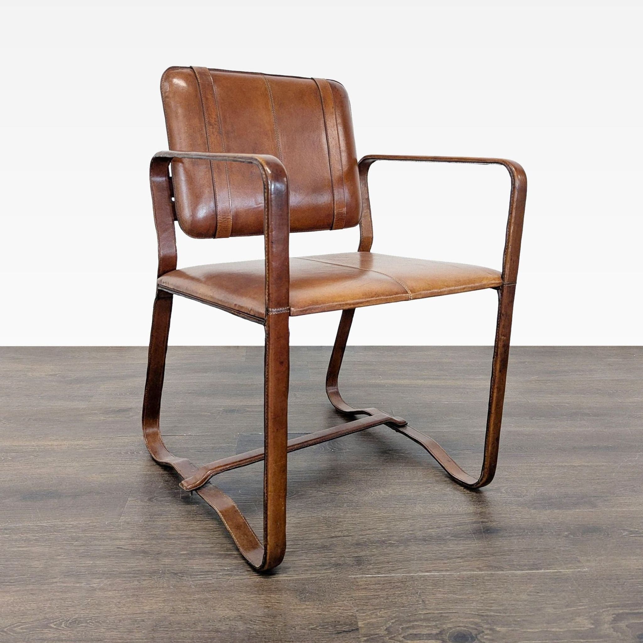 Brown Leather Buckle Lounge Chair with Curved Wooden Frame - Thumbnail 2