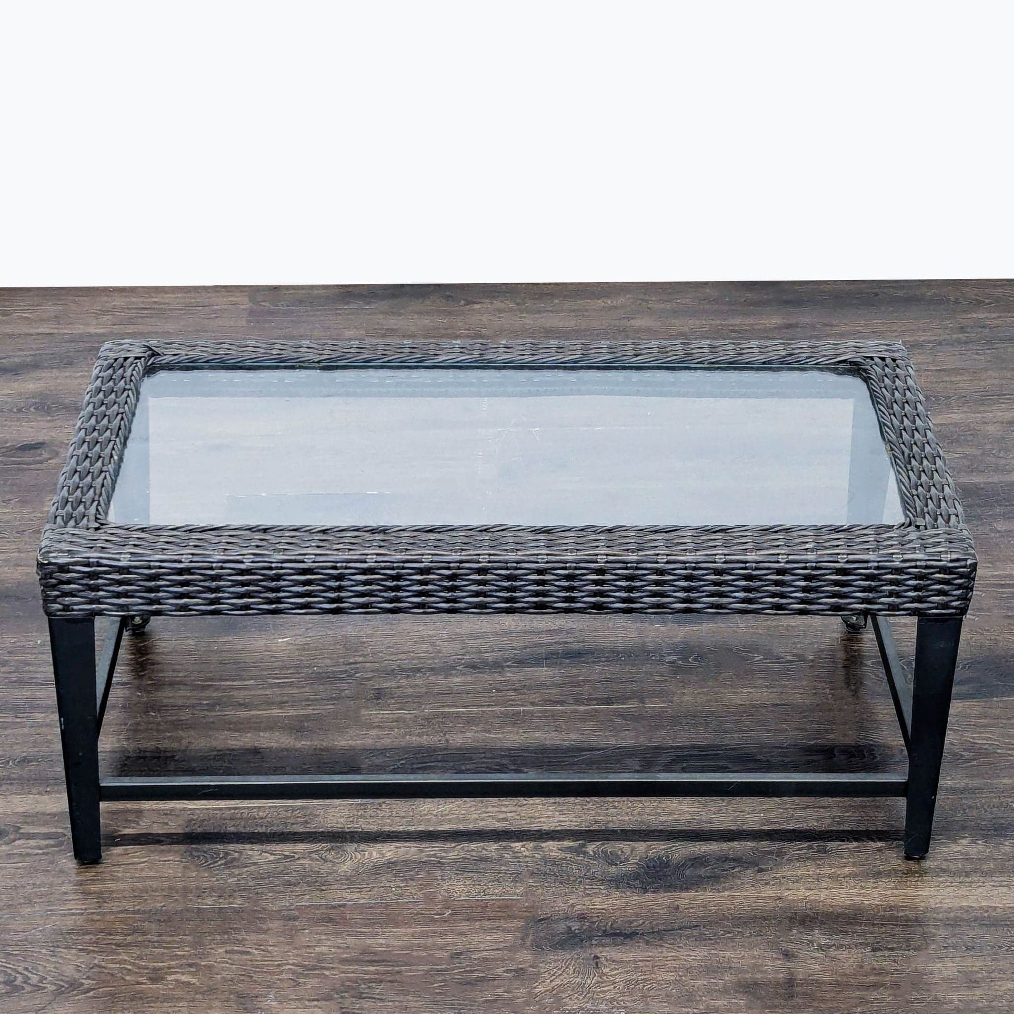 Rectangular Wicker and Glass Coffee Table with Metal Frame - Thumbnail 4