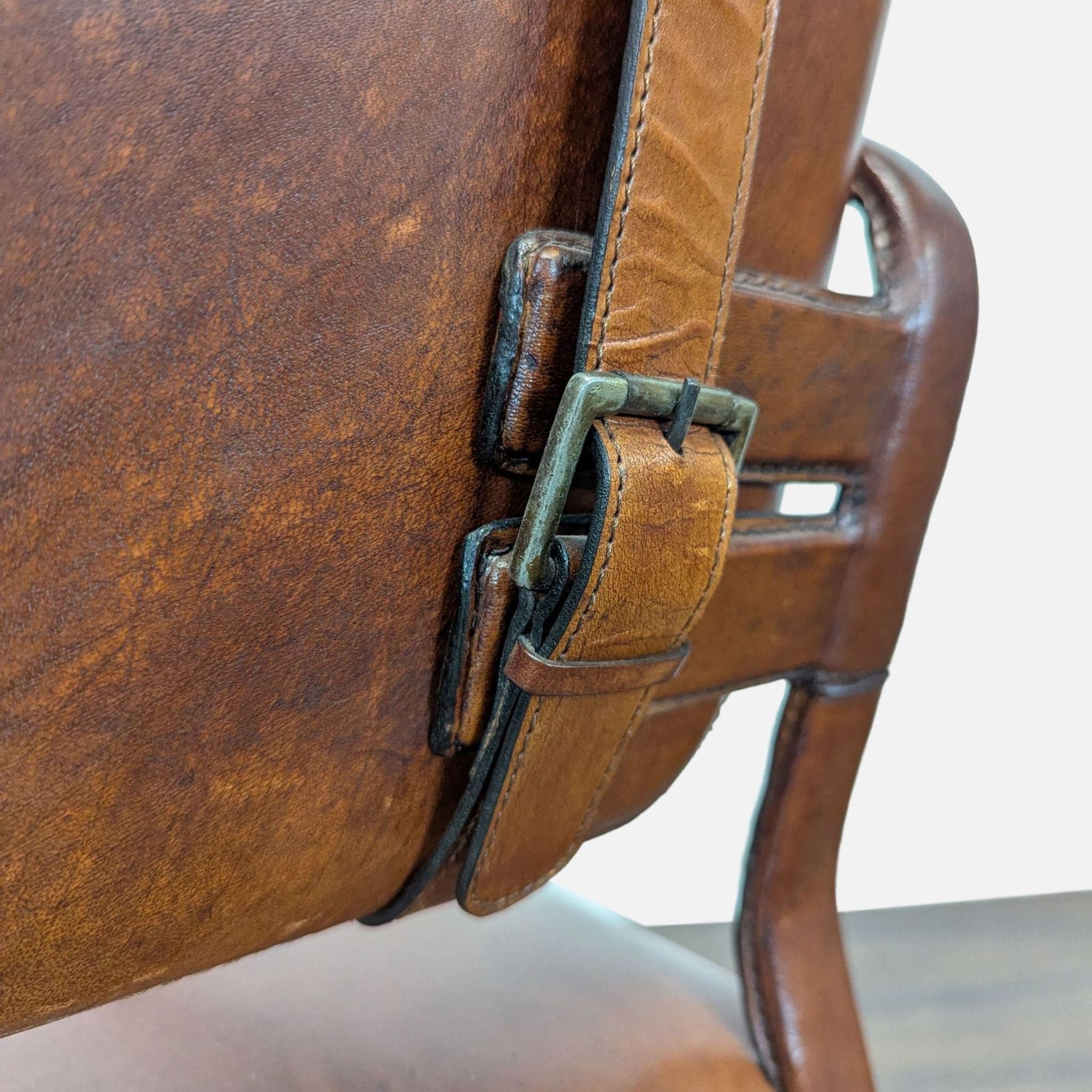 Brown Leather Buckle Lounge Chair with Curved Wooden Frame - Thumbnail 9