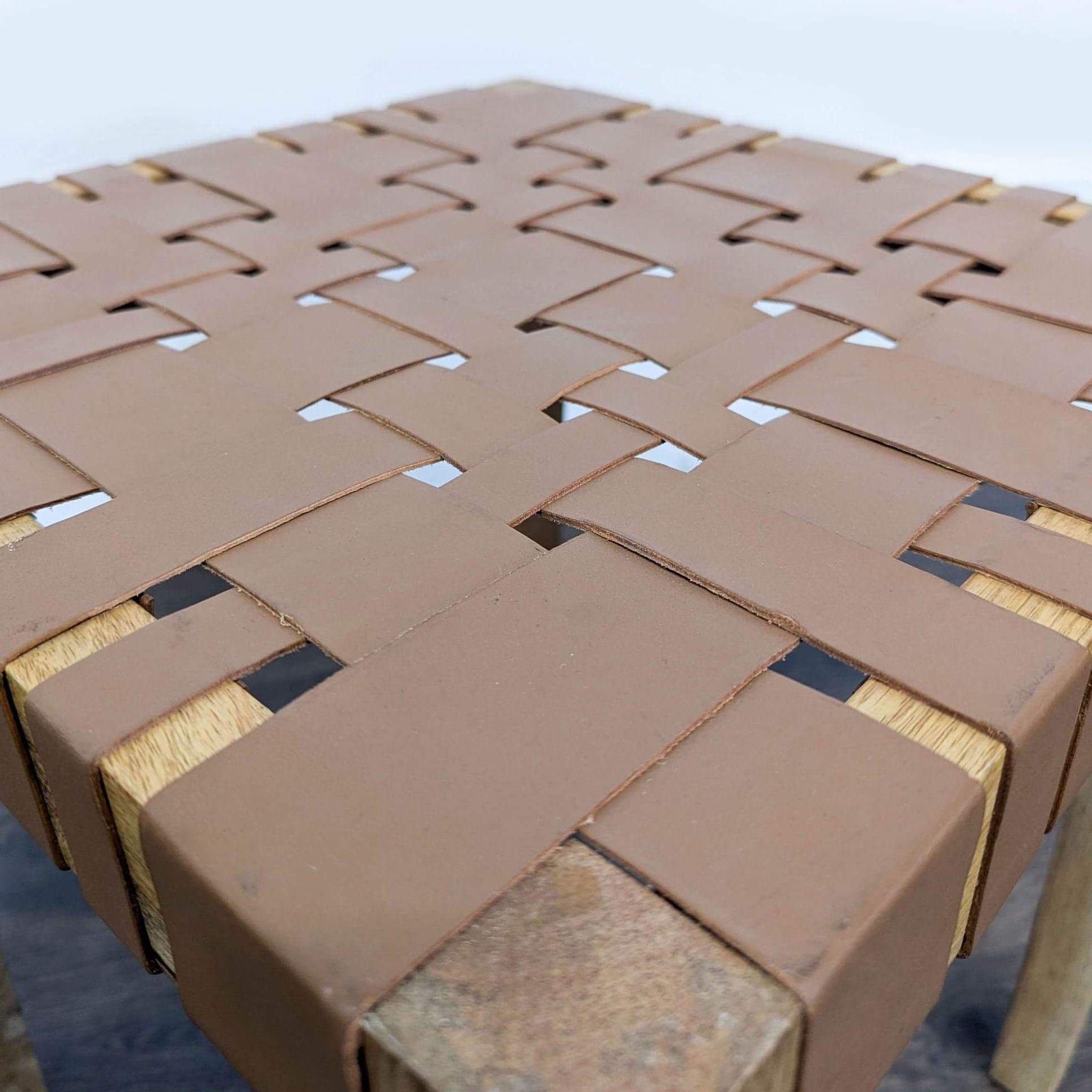 Woven Leather and Wood Stool - Thumbnail 4