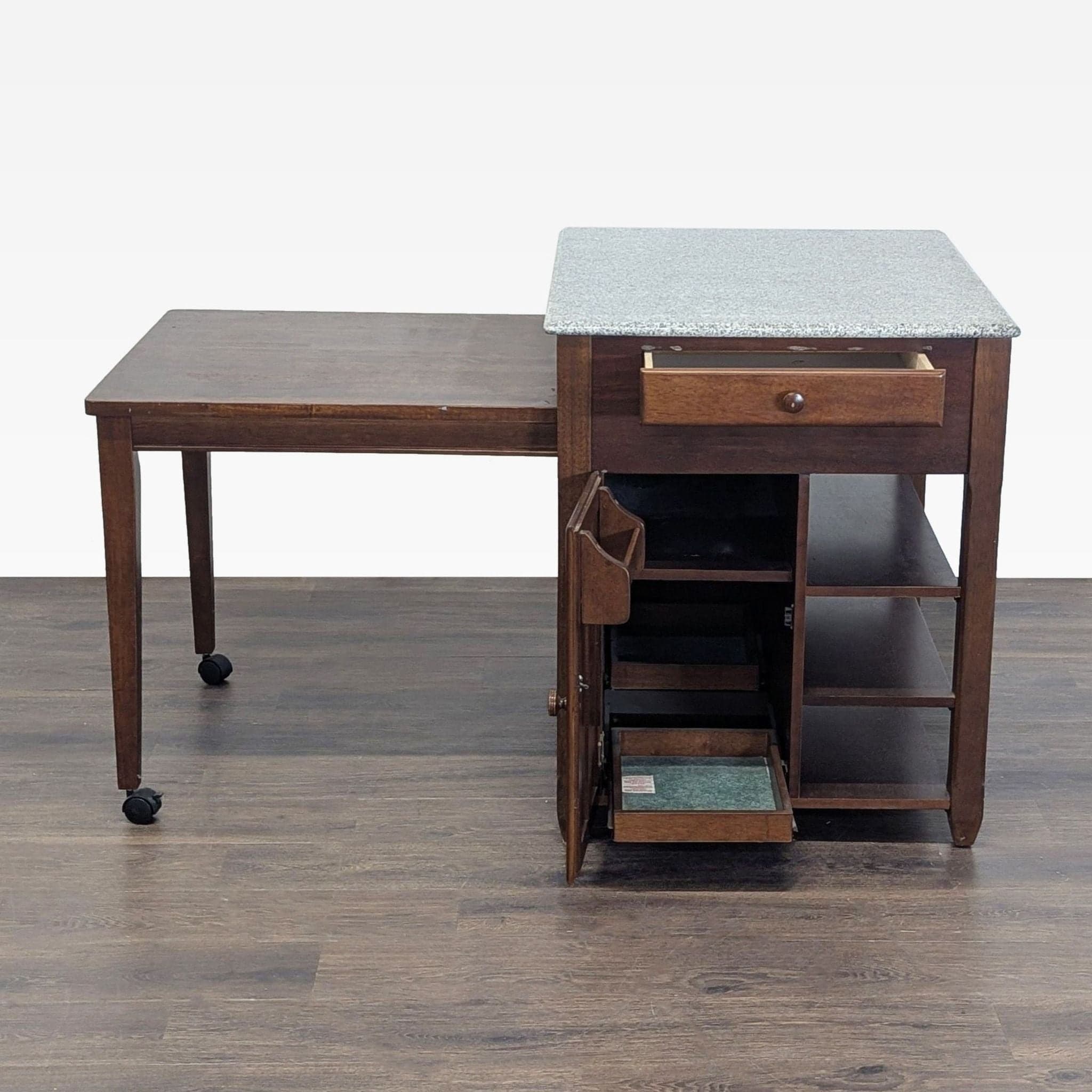 Expandable Wooden Kitchen Island Cart with Granite Top and Storage Shelves - Thumbnail 10