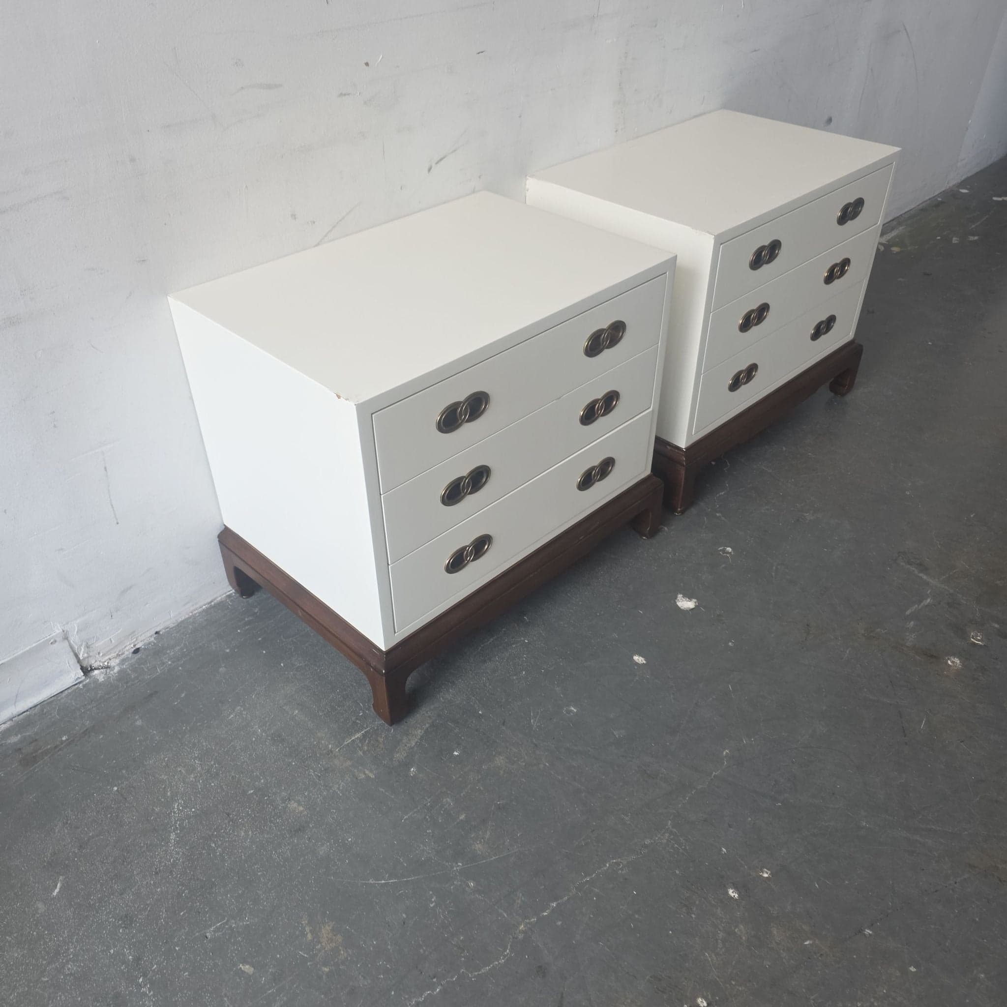Henredon White 3-Drawer End Tables with Brass Pulls - Pair - Thumbnail 4