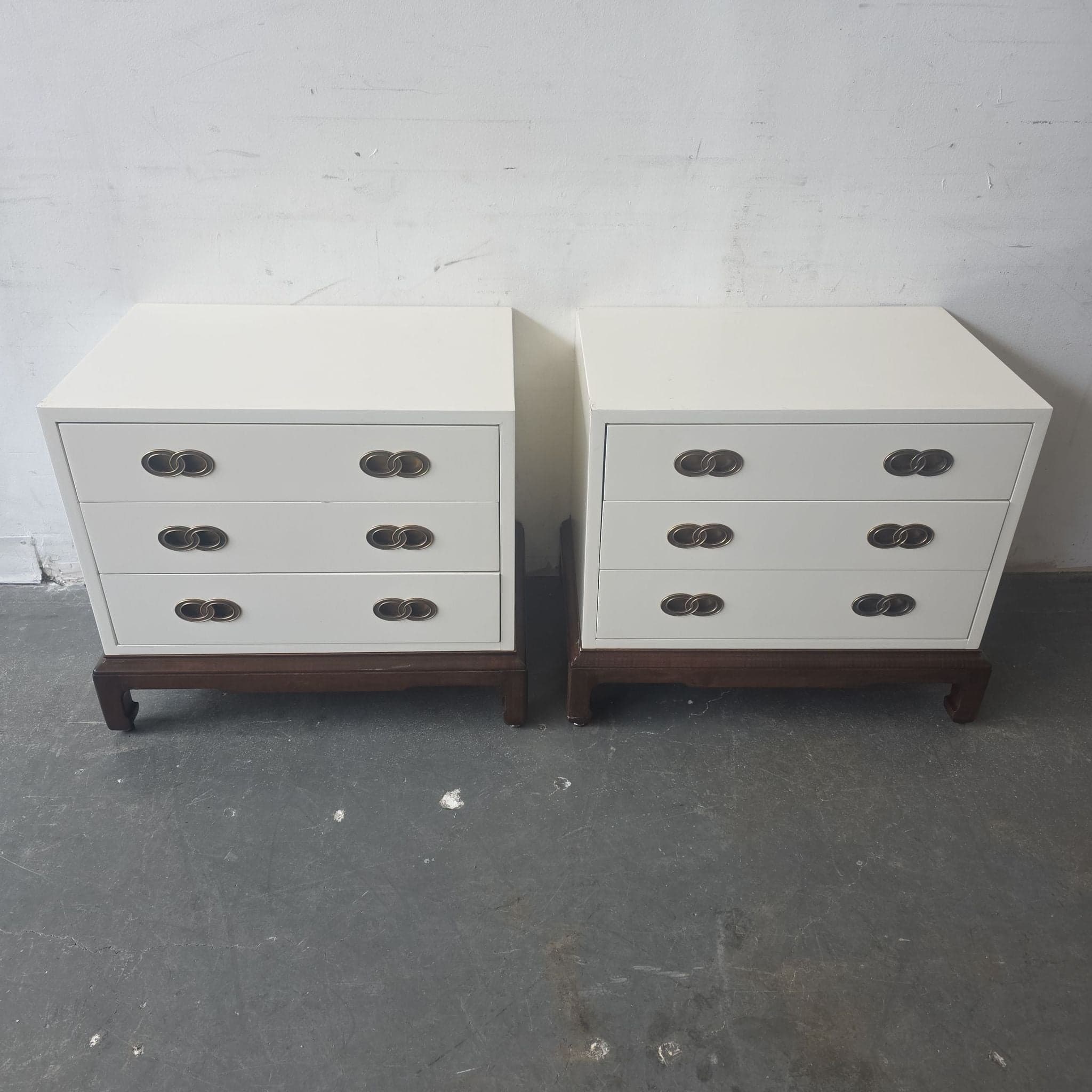 Henredon White 3-Drawer End Tables with Brass Pulls - Pair - Image 1