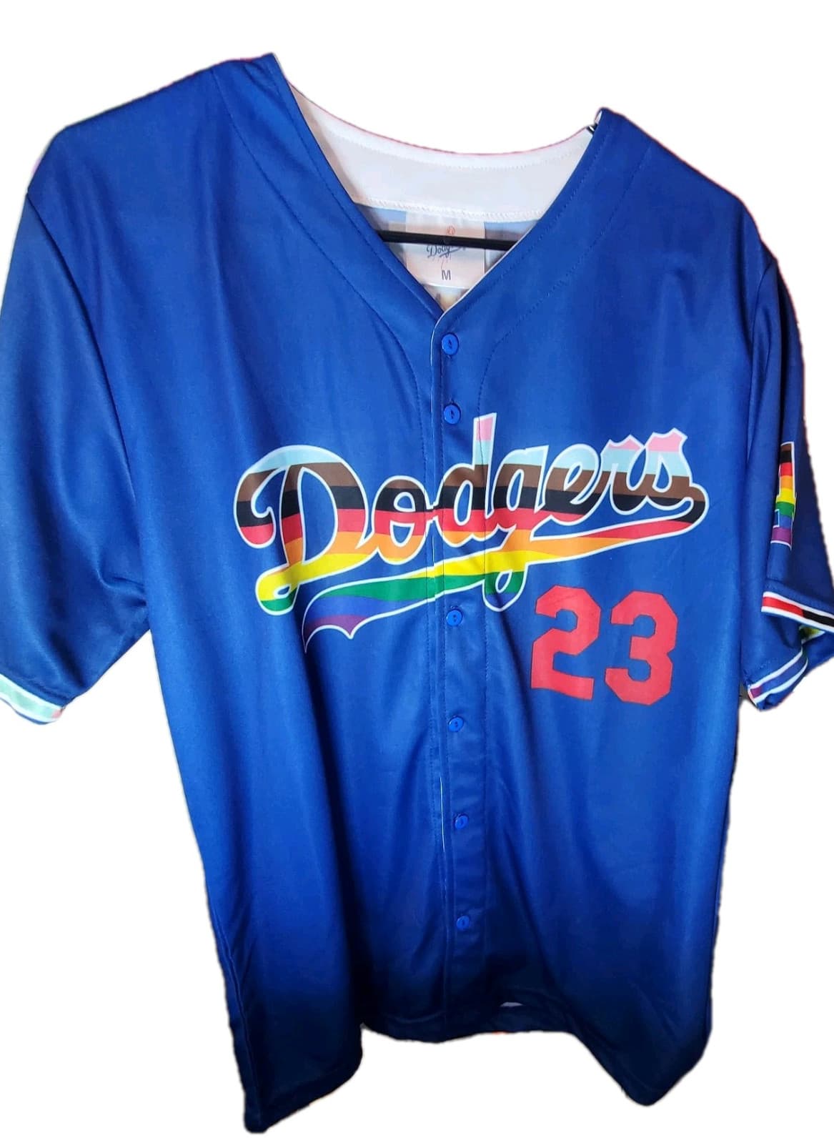 Dodgers Size M Men's Blue Short Sleeve #23 L.A. Pride Polyester Baseball Jersey - Image 1
