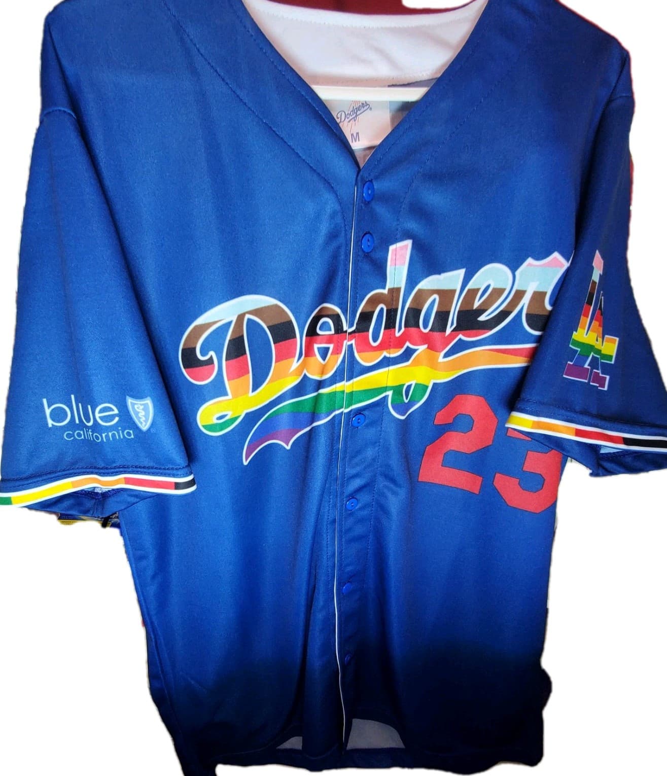 Dodgers Size M Men's Blue Short Sleeve #23 L.A. Pride Polyester Baseball Jersey - Thumbnail 6
