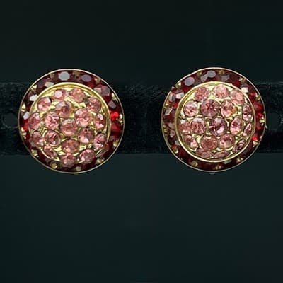 Vintage Crystal Round Cluster Earrings Gold Tone Pink Red Rhinestone Screw Back - Image 1