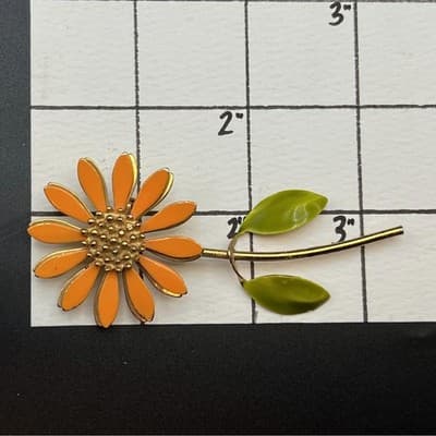 VTG 1960s Orange Enamel Flower Brooch - Thumbnail 6