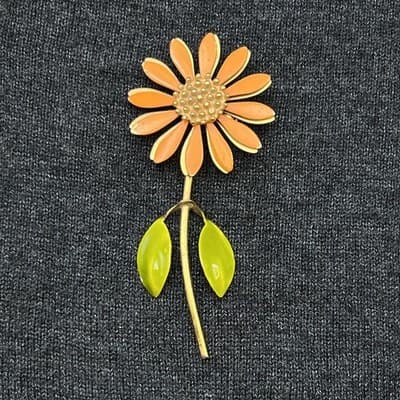 VTG 1960s Orange Enamel Flower Brooch - Image 1