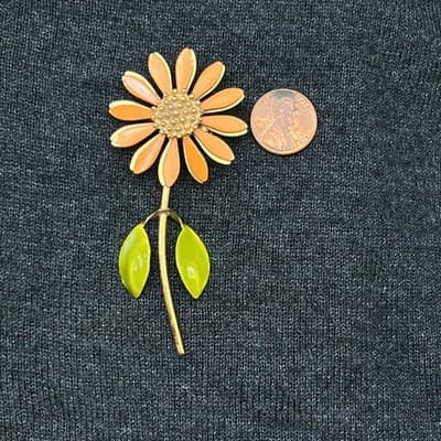 VTG 1960s Orange Enamel Flower Brooch - Thumbnail 5