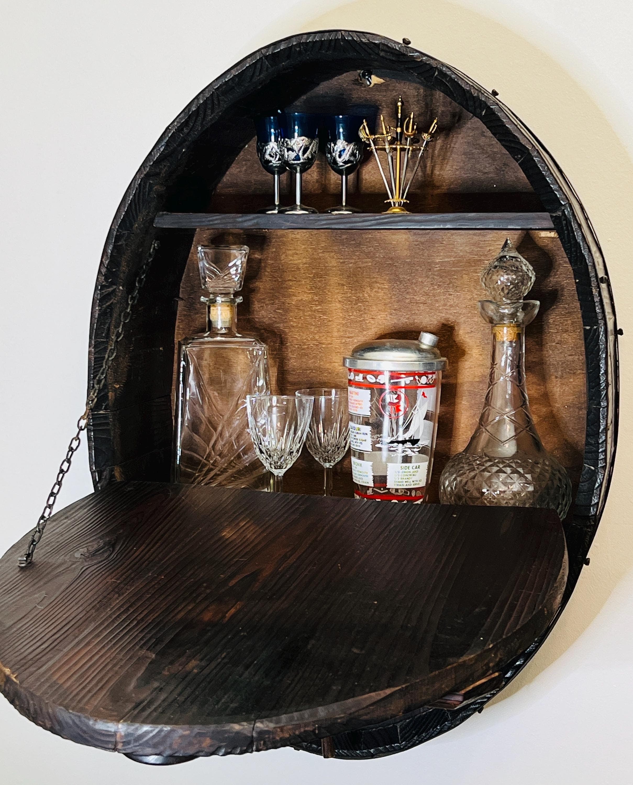 VTG 1960s Rustic Wine Cask Wall Decor, Mid Century Wine Barrel Mini Bar - Thumbnail 8