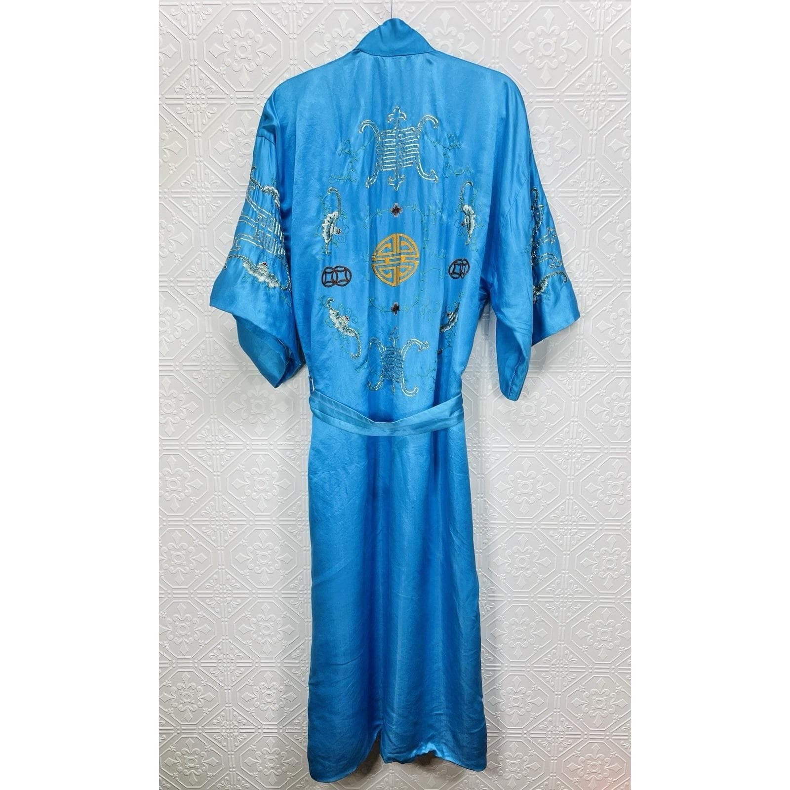 Vintage 1960s Hand Embroidered Silk Robe, Size L, Full Length, Unisex - Image 1
