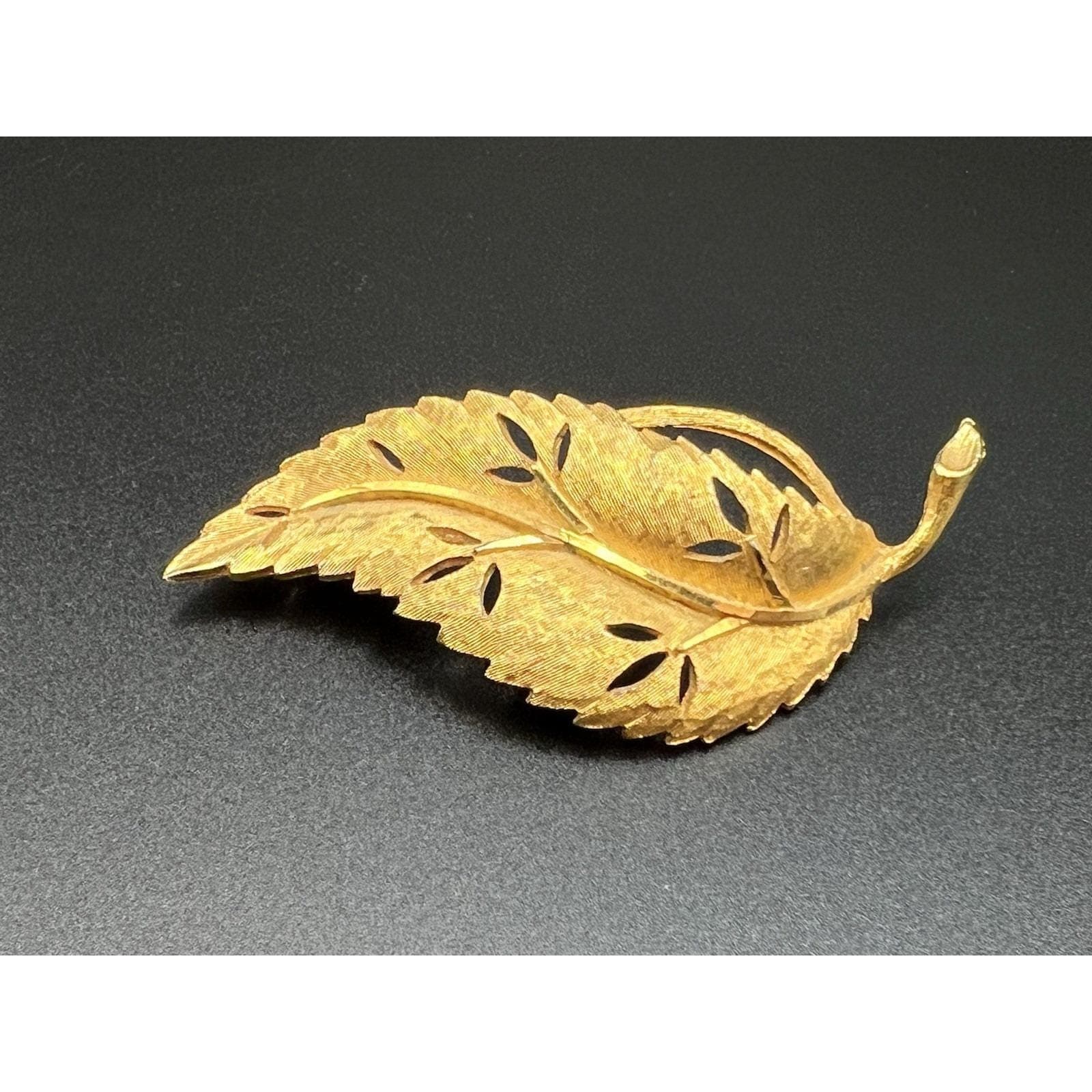 Vintage Signed BSK Leaf Brooch, Textured Gold Tone - Image 1