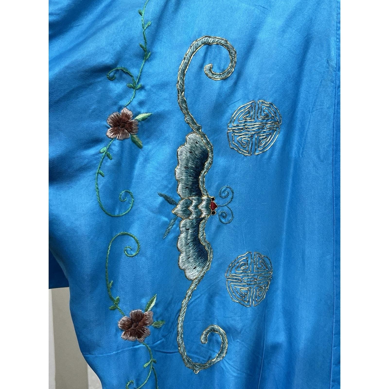 Vintage 1960s Hand Embroidered Silk Robe, Size L, Full Length, Unisex - Thumbnail 7