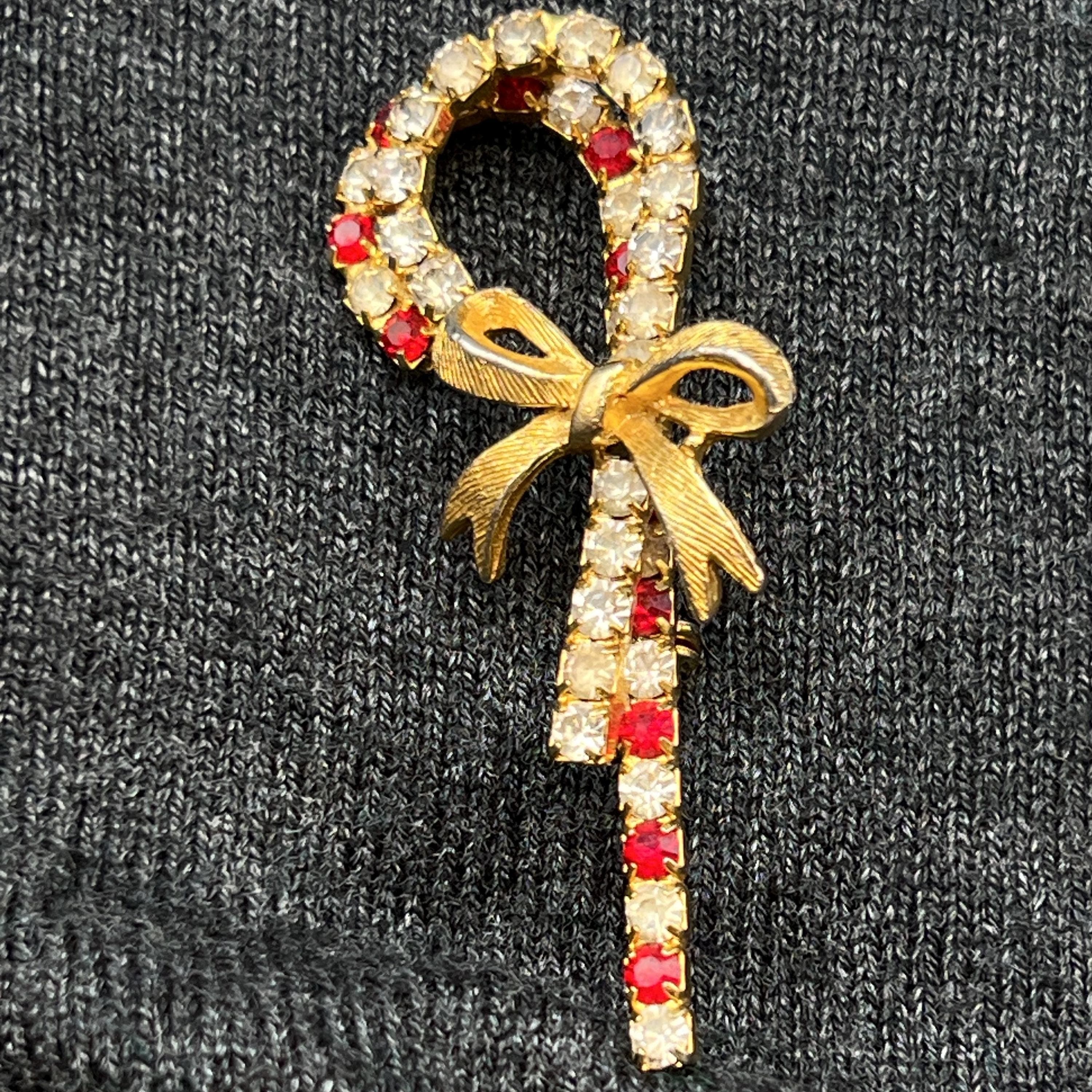 VTG Double Candy Cane Brooch with Rhinestones - Image 1