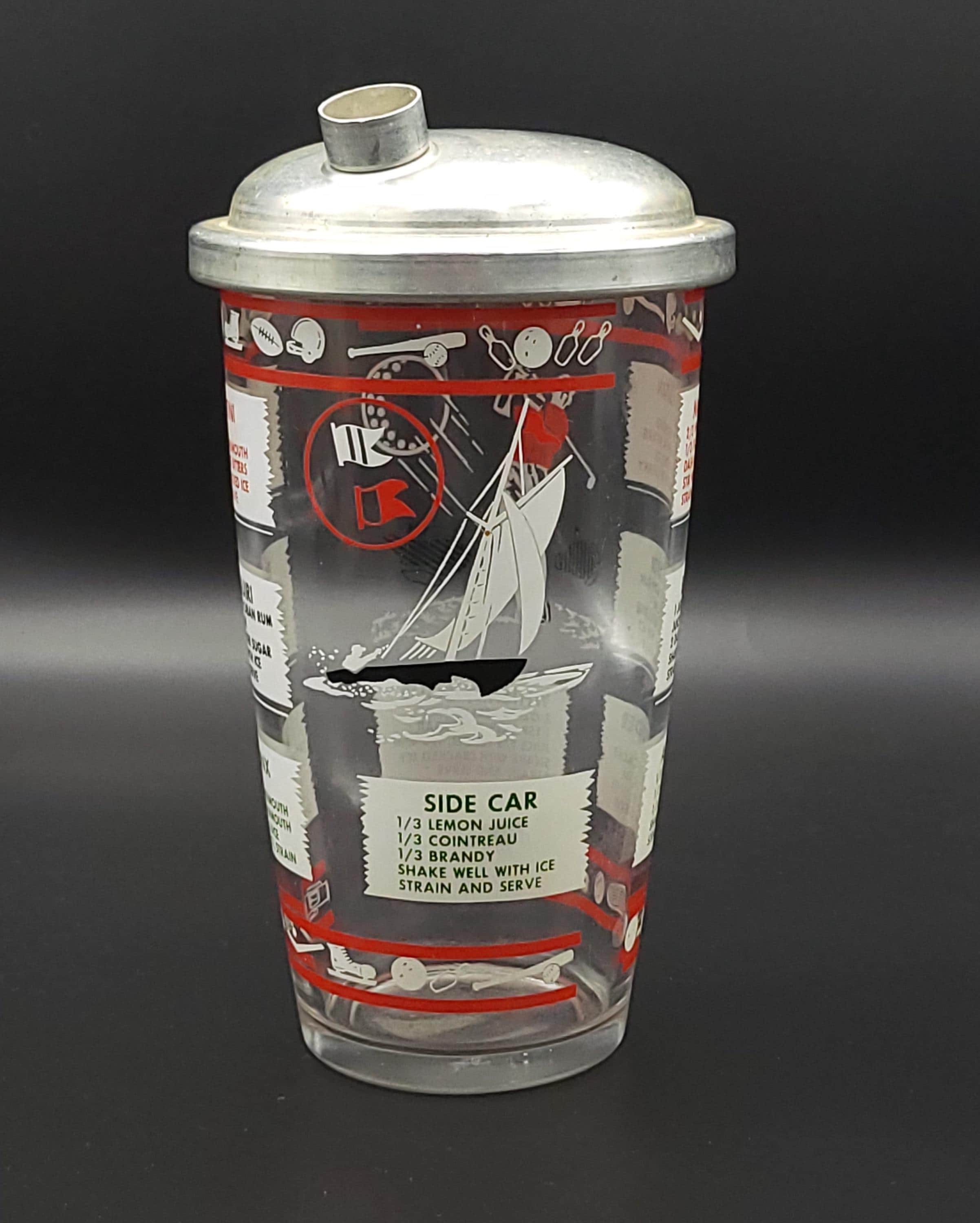 Vintage 1950s Sports Theme Cocktail Shaker | MCM Glass Recipe Mixer (Metal Lid) - Thumbnail 5