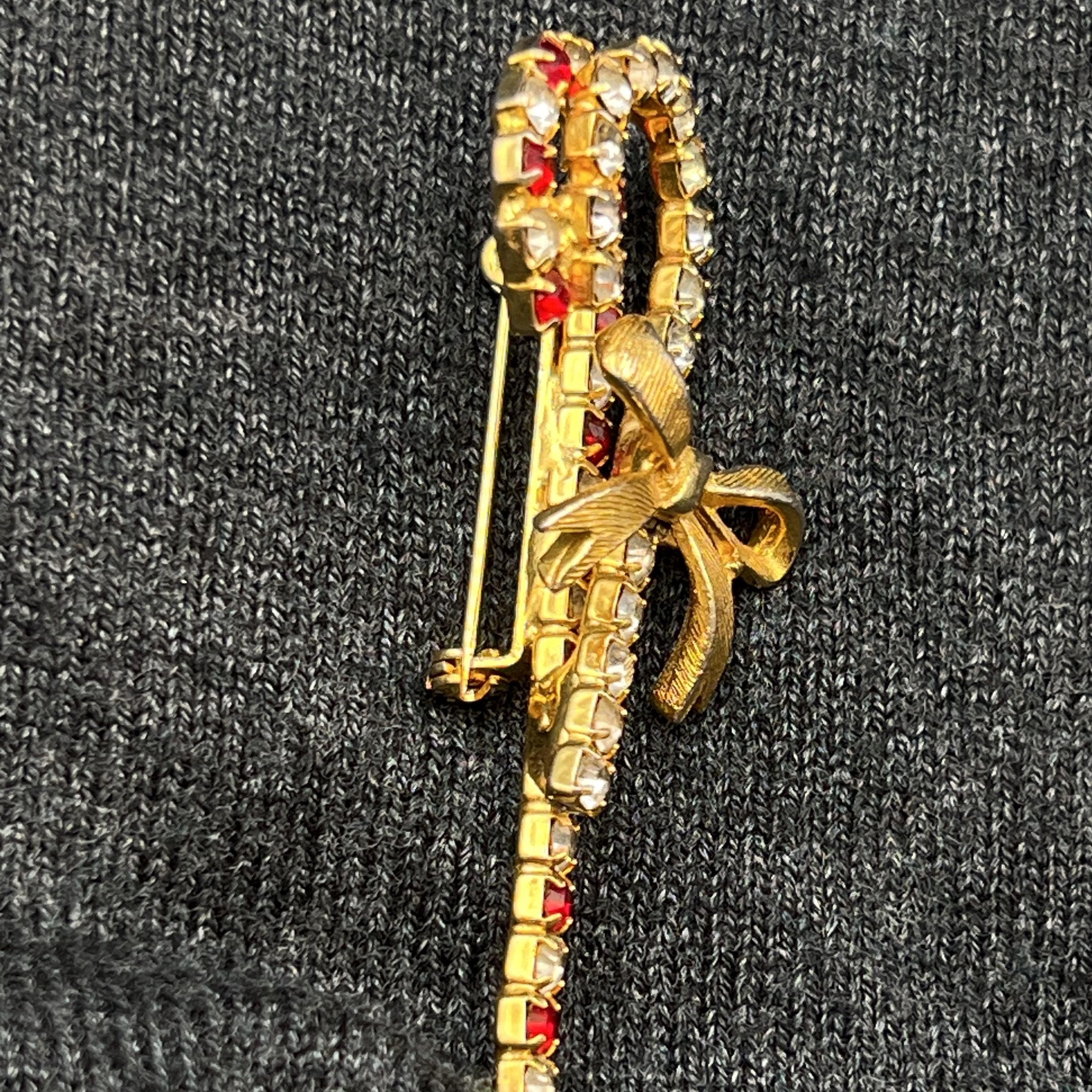 VTG Double Candy Cane Brooch with Rhinestones - Thumbnail 3