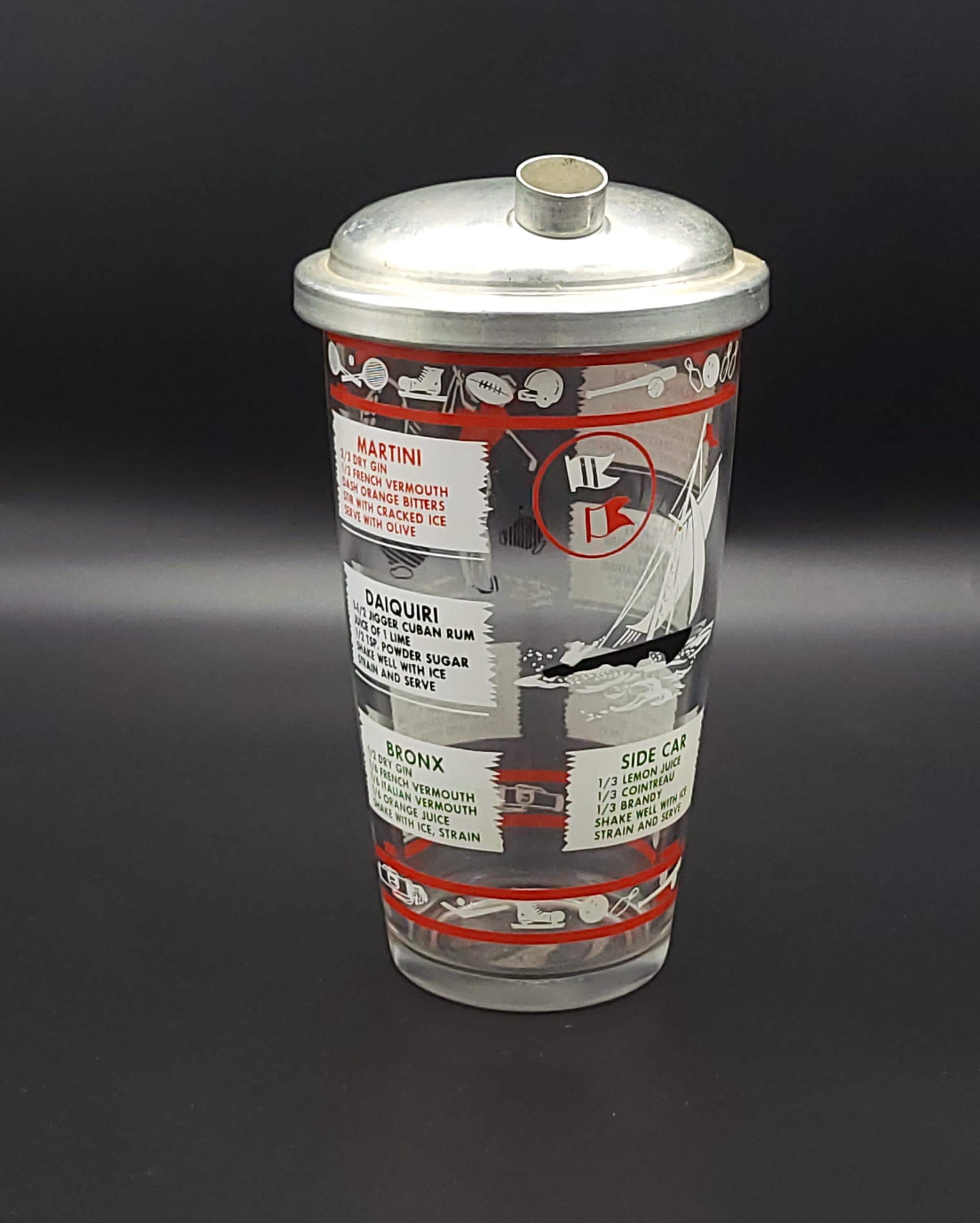 Vintage 1950s Sports Theme Cocktail Shaker | MCM Glass Recipe Mixer (Metal Lid) - Image 1