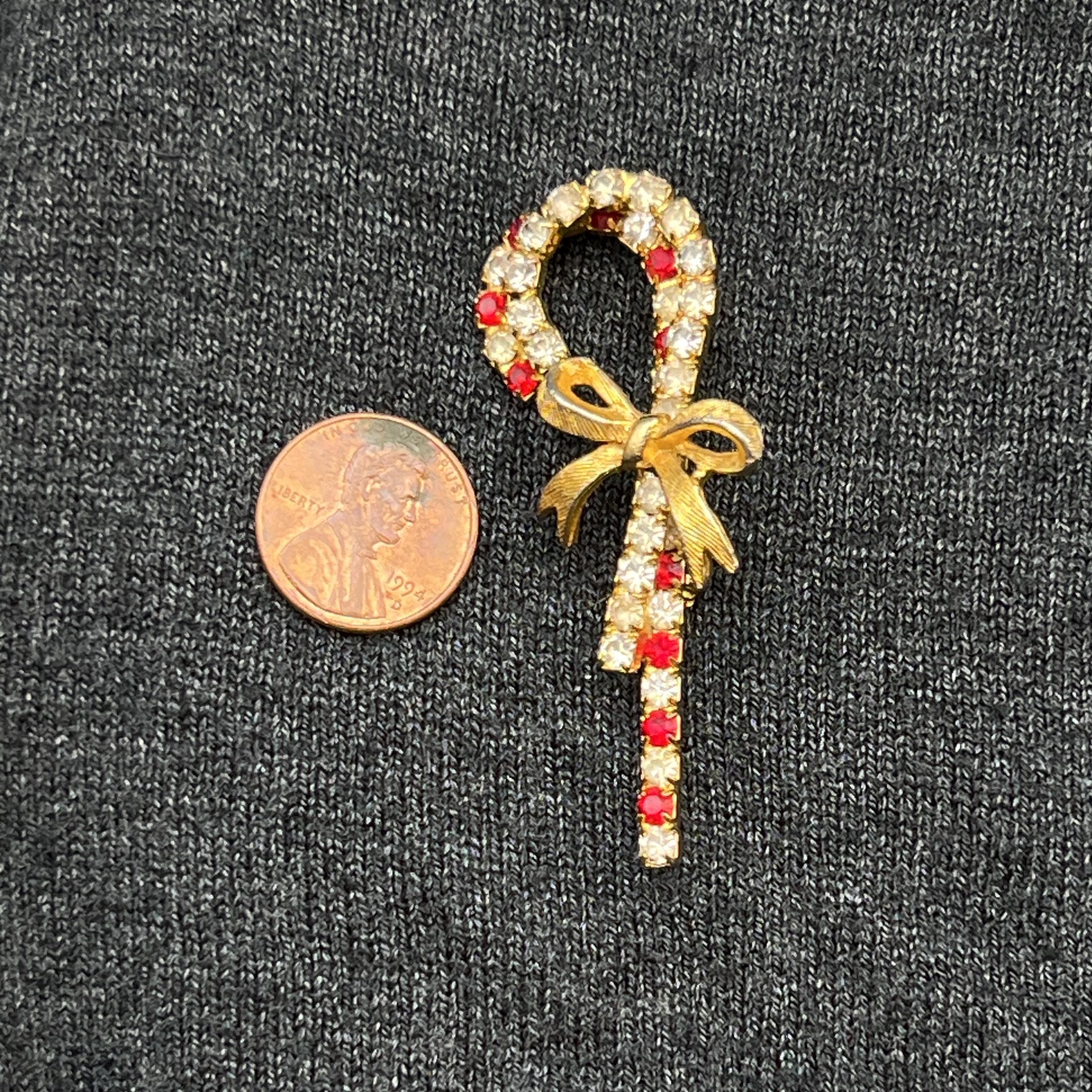 VTG Double Candy Cane Brooch with Rhinestones - Thumbnail 2