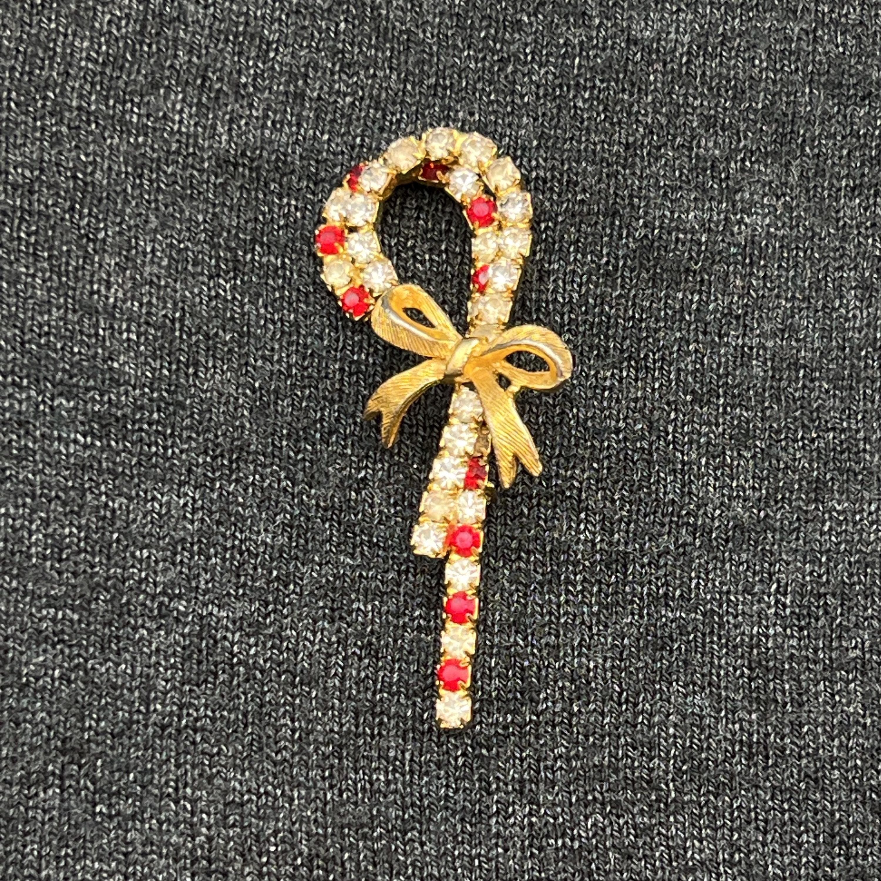 VTG Double Candy Cane Brooch with Rhinestones - Thumbnail 5