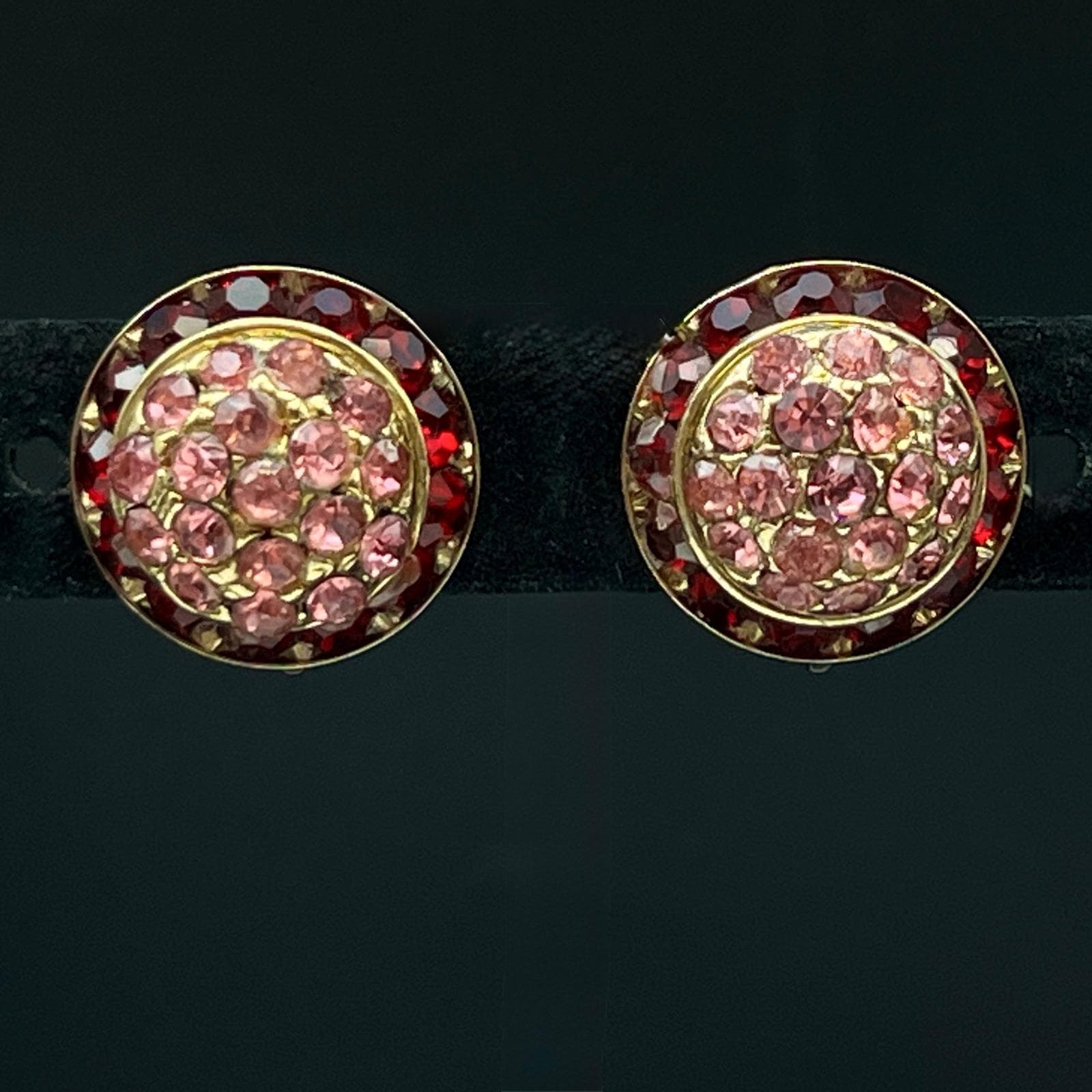 Vintage Crystal Round Cluster Earrings Gold Tone Pink Red Rhinestone Screw Back - Image 1