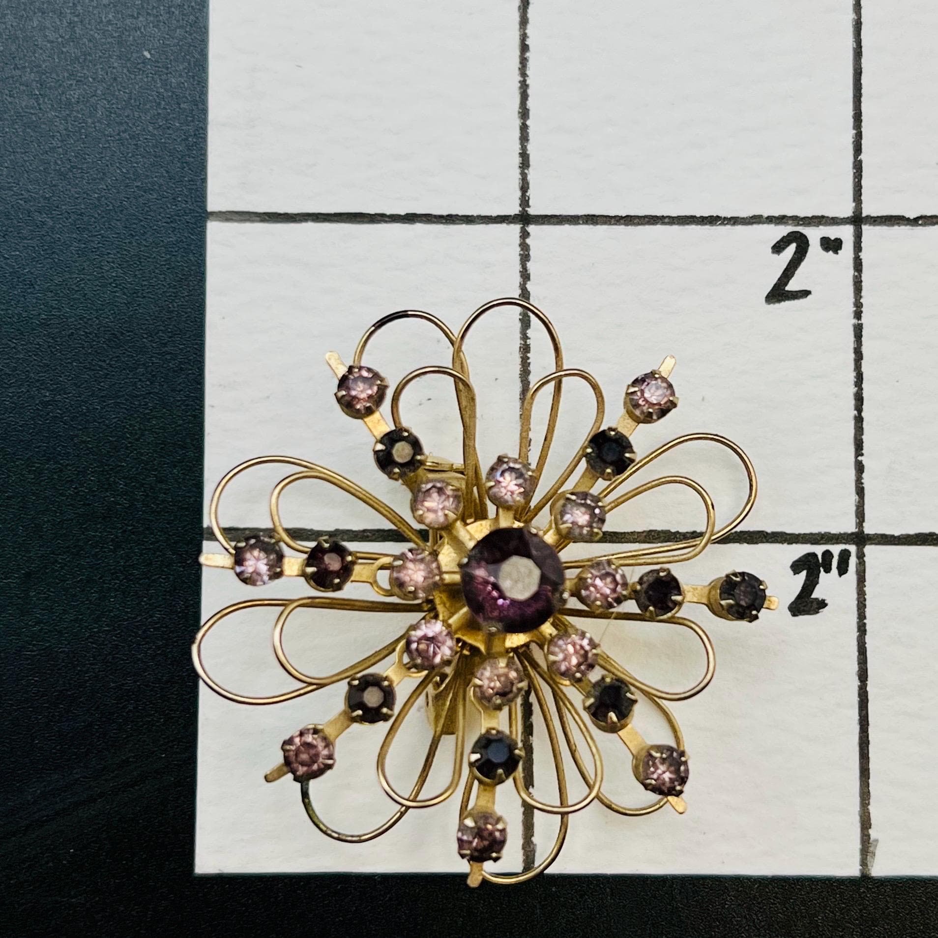 VTG Mid Century Coro Floral Brooch, Gold Tone & Purple Stones, Signed - Thumbnail 6