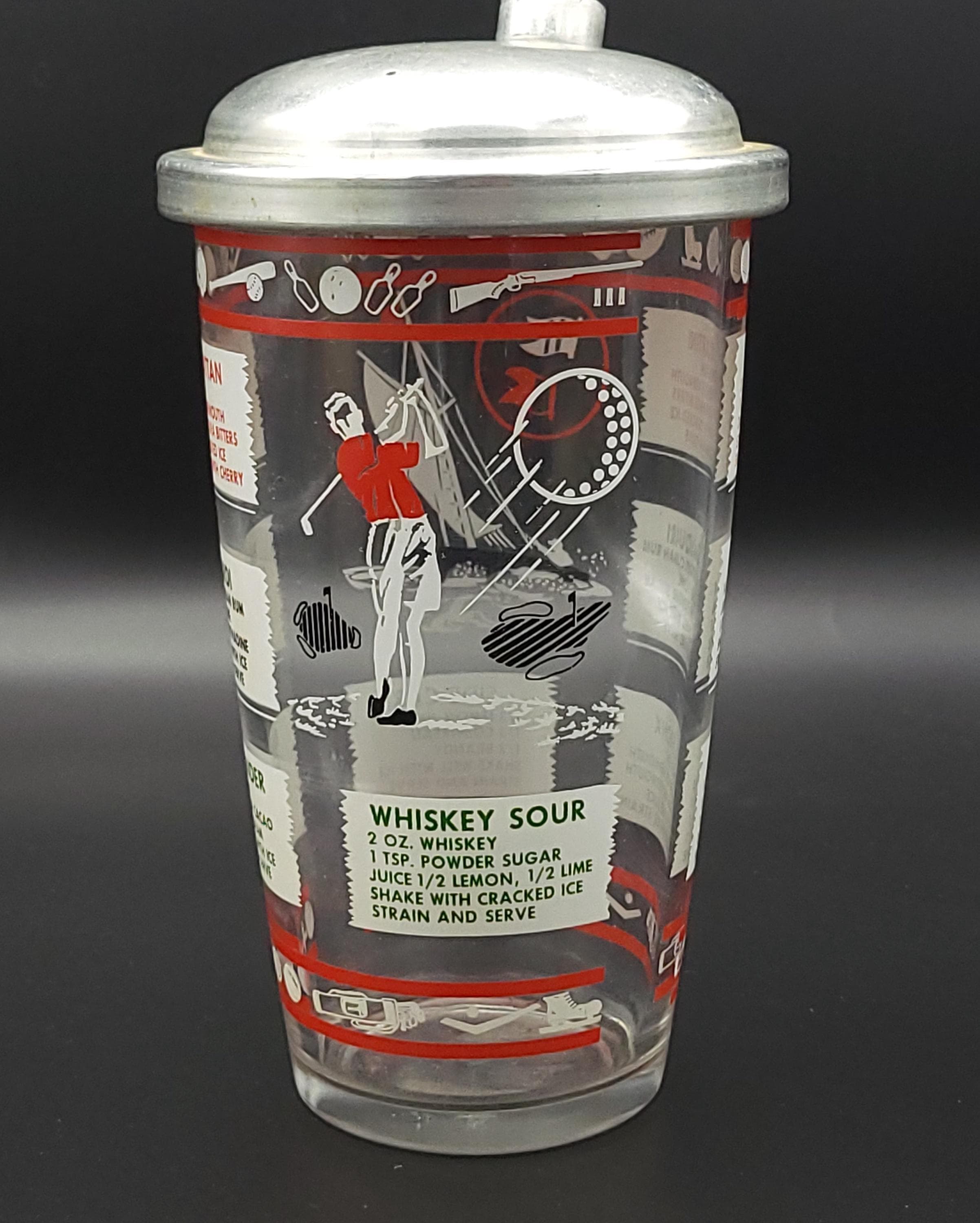 Vintage 1950s Sports Theme Cocktail Shaker | MCM Glass Recipe Mixer (Metal Lid) - Thumbnail 3