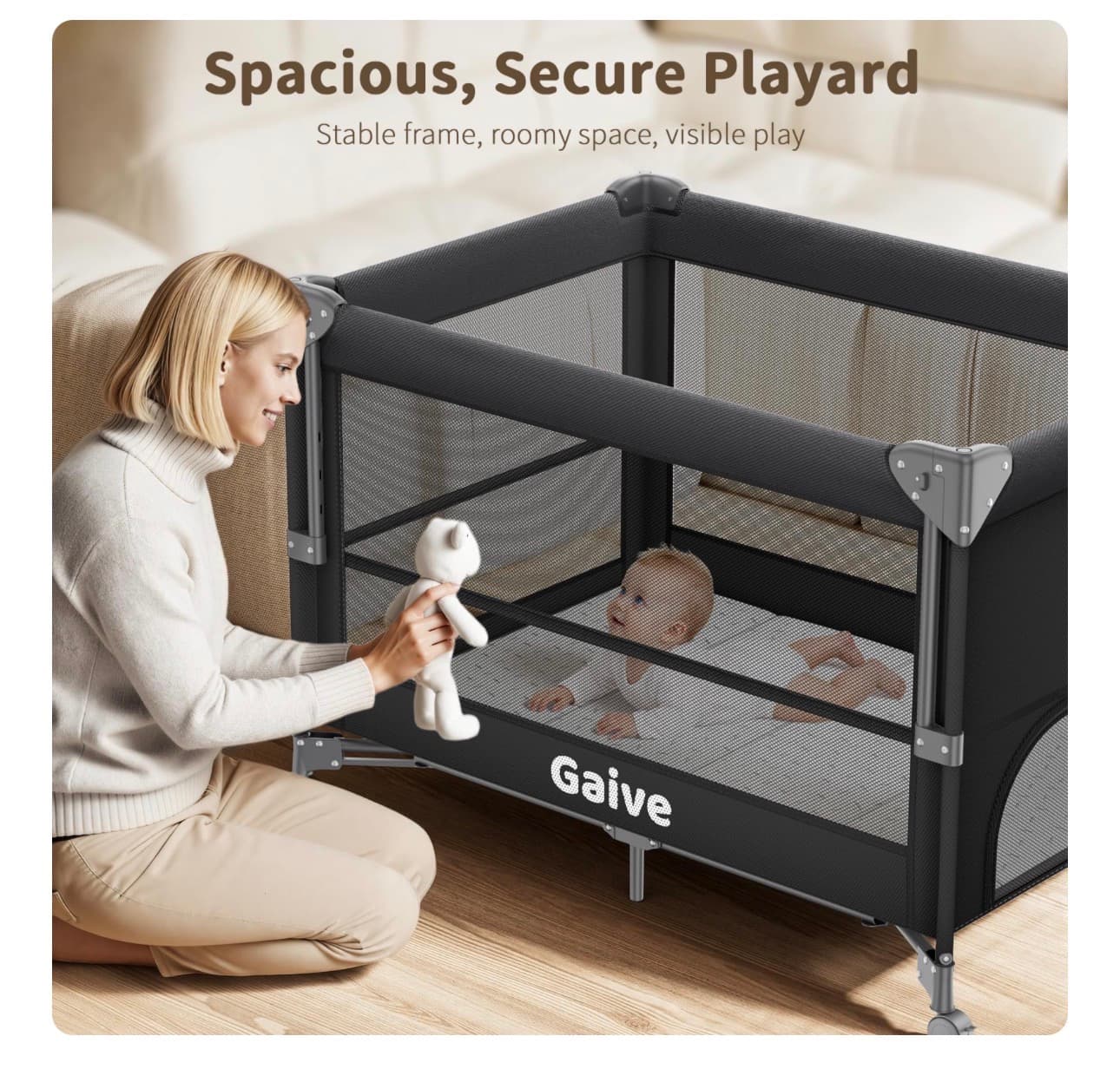 GAIVE 4 in 1 Baby Bassinet, One-Push Setup Pack and Play, Bedside Crib Sleeper with 3 Height Adjustable，Diaper Changer, Come with Comfy Mattress, Rotating Toy Bar, from Infants to Toddlers (Black) - Thumbnail 4