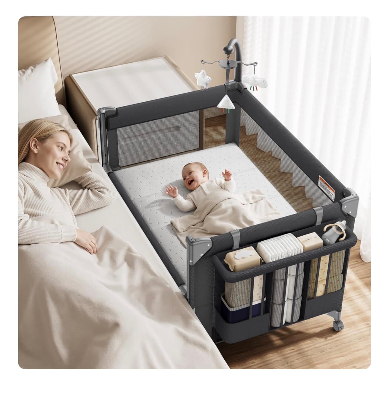 GAIVE 4 in 1 Baby Bassinet, One-Push Setup Pack and Play, Bedside Crib Sleeper with 3 Height Adjustable，Diaper Changer, Come with Comfy Mattress, Rotating Toy Bar, from Infants to Toddlers (Black) - Image 1