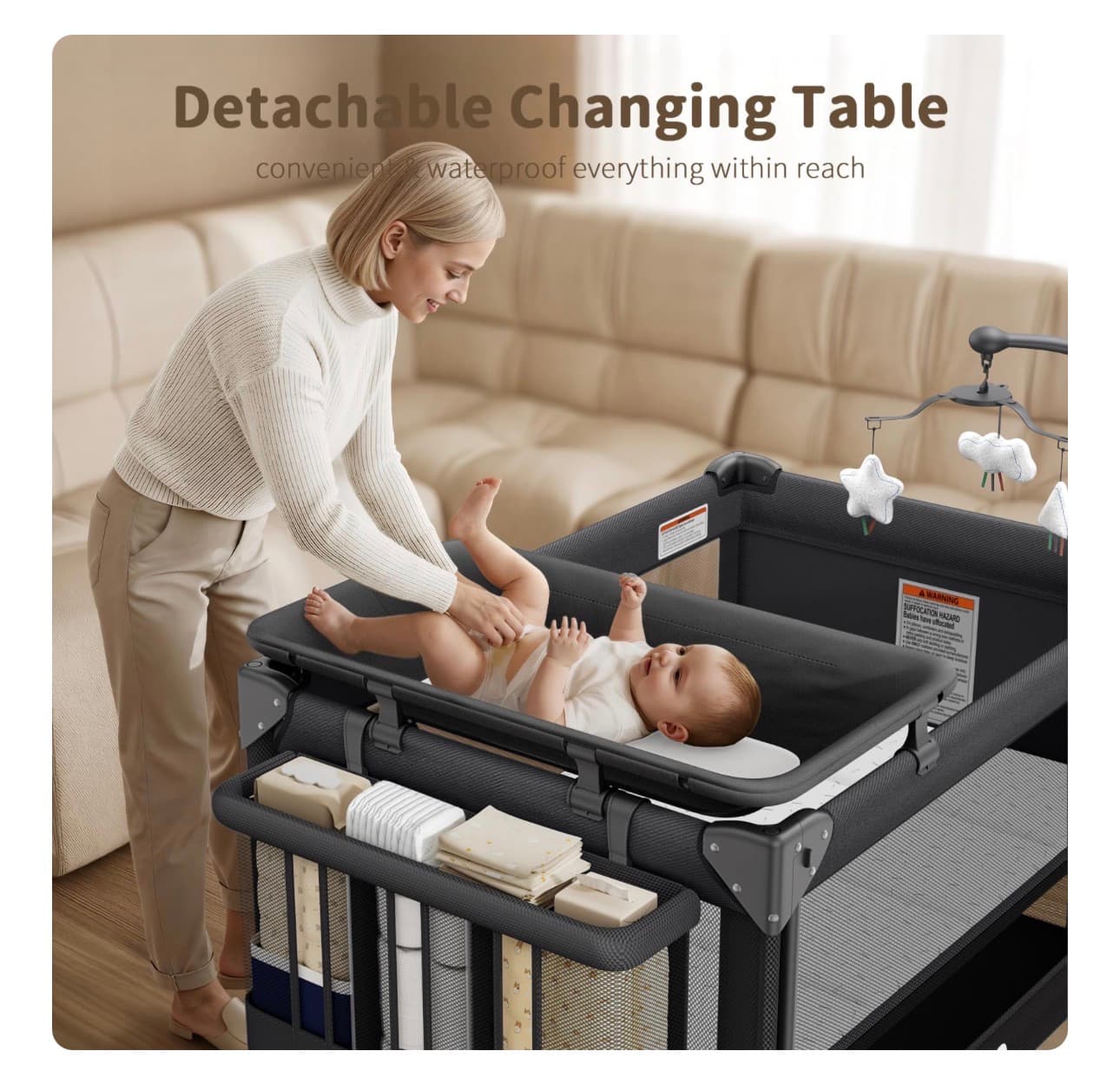 GAIVE 4 in 1 Baby Bassinet, One-Push Setup Pack and Play, Bedside Crib Sleeper with 3 Height Adjustable，Diaper Changer, Come with Comfy Mattress, Rotating Toy Bar, from Infants to Toddlers (Black) - Thumbnail 5