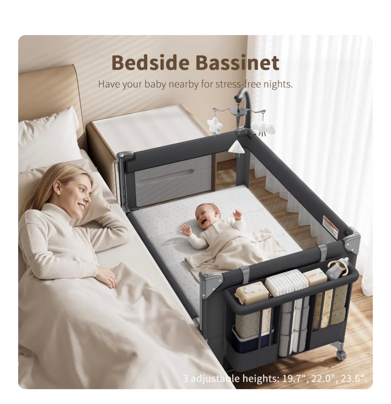 GAIVE 4 in 1 Baby Bassinet, One-Push Setup Pack and Play, Bedside Crib Sleeper with 3 Height Adjustable，Diaper Changer, Come with Comfy Mattress, Rotating Toy Bar, from Infants to Toddlers (Black) - Thumbnail 3
