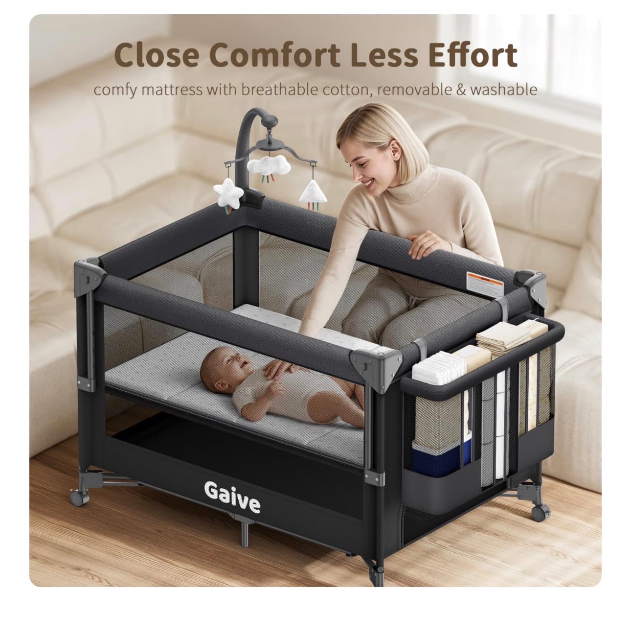 GAIVE 4 in 1 Baby Bassinet, One-Push Setup Pack and Play, Bedside Crib Sleeper with 3 Height Adjustable，Diaper Changer, Come with Comfy Mattress, Rotating Toy Bar, from Infants to Toddlers (Black) - Thumbnail 2