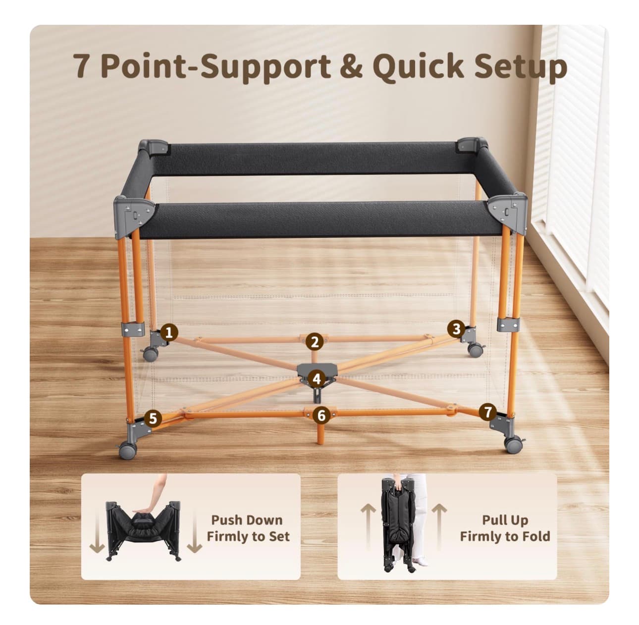 GAIVE 4 in 1 Baby Bassinet, One-Push Setup Pack and Play, Bedside Crib Sleeper with 3 Height Adjustable，Diaper Changer, Come with Comfy Mattress, Rotating Toy Bar, from Infants to Toddlers (Black) - Thumbnail 6