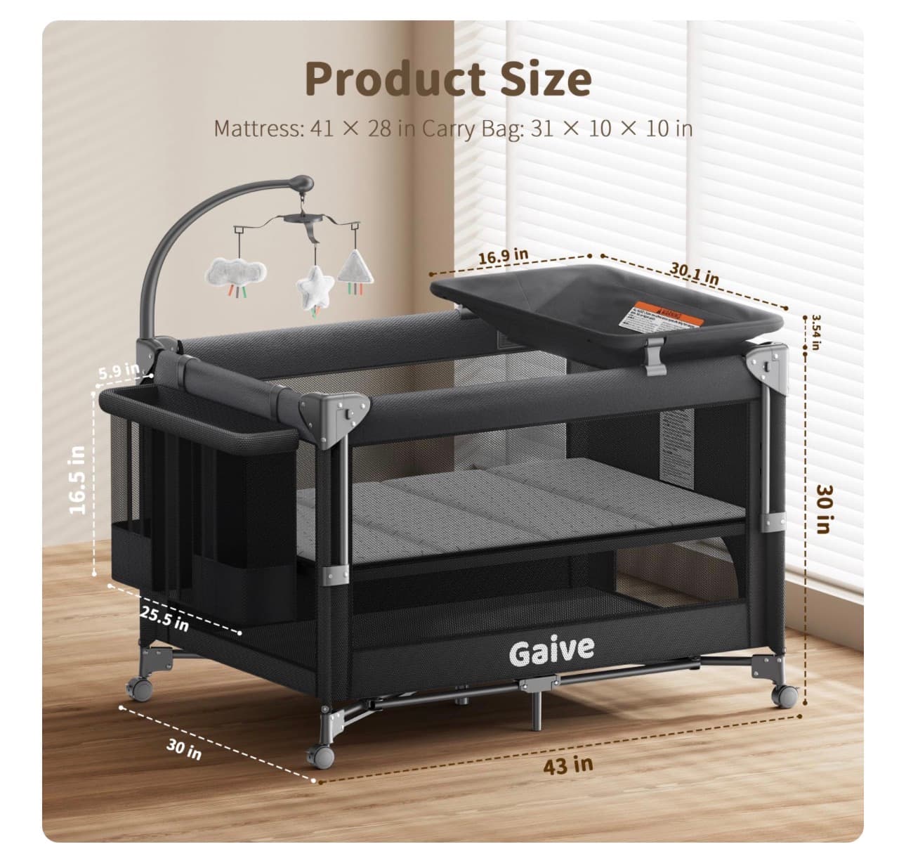 GAIVE 4 in 1 Baby Bassinet, One-Push Setup Pack and Play, Bedside Crib Sleeper with 3 Height Adjustable，Diaper Changer, Come with Comfy Mattress, Rotating Toy Bar, from Infants to Toddlers (Black) - Thumbnail 7