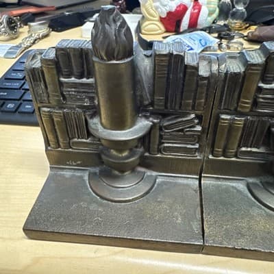 Vintage Brass Bookends Philadelphia Candle Books Library Theme Heavy - Thumbnail 3
