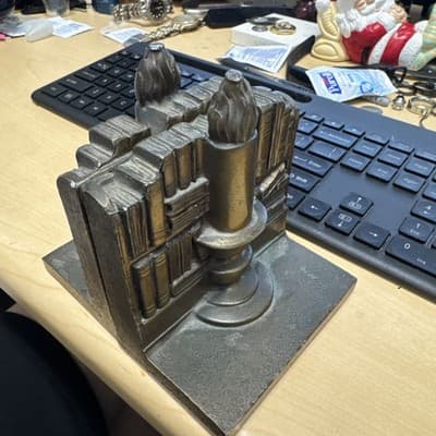 Vintage Brass Bookends Philadelphia Candle Books Library Theme Heavy - Image 1