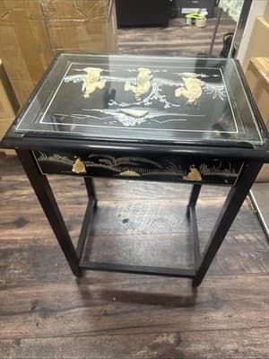 Oriental Black Japanese Furniture Lacquer Wood Side Table W. Glass - Thumbnail 5