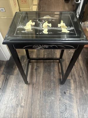 Oriental Black Japanese Furniture Lacquer Wood Side Table W. Glass - Image 1