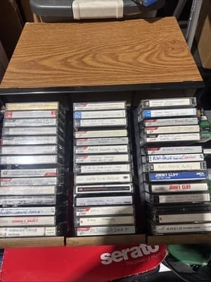 Cassette Tape Collection w/ Wooden Case Storage - Image 1