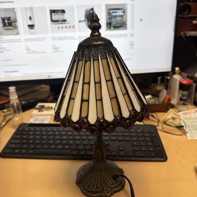 Vintage Tiffany Style Stained Glass Table Lamp Purple Green Rare Colors Art Deco - Image 1