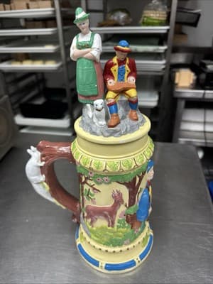 Vintage German Ceramic Beer Stein With Figures On Lid 15” Tall 1968 - Thumbnail 3