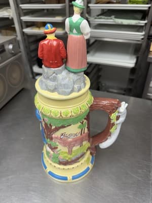 Vintage German Ceramic Beer Stein With Figures On Lid 15” Tall 1968 - Thumbnail 2