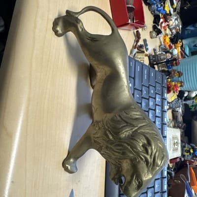 Vintage Brass Roaring Lion Figure 7.5 Inch wide X 3.75 Inch tall Heavy - Thumbnail 3